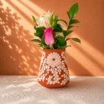 Clay Terracota Vase with White Filigrana Flowers Handmade in Mexico