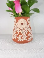 Clay Terracota Vase with White Filigrana Flowers Handmade in Mexico - Image 3