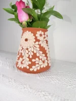 Clay Terracota Vase with White Filigrana Flowers Handmade in Mexico - Image 4