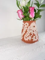 Clay Terracota Vase with White Filigrana Flowers Handmade in Mexico - Image 5