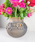 Embroidered Smoked Clay Vase Handmade in Oaxaca - Image 3