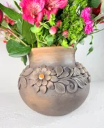 Embroidered Smoked Clay Vase Handmade in Oaxaca - Image 4