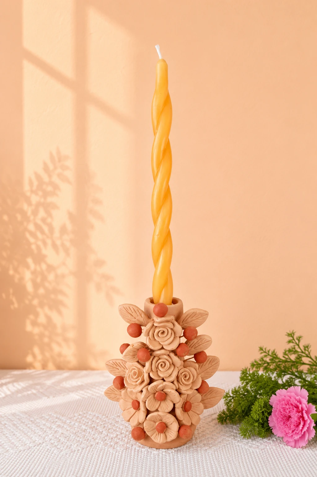 Oaxaca-Embroidered-Clay-Candleholder-01 Oaxaca Embroidered Clay Candleholder - Image 1