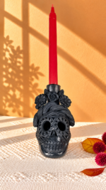 Handmade Barro Negro Skull Candleholder | Oaxacan Black Clay Folk Art