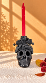 Handmade Barro Negro Skull Candleholder | Oaxacan Black Clay Folk Art