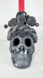 Handmade Barro Negro Skull Candleholder | Oaxacan Black Clay Folk Art - Image 2